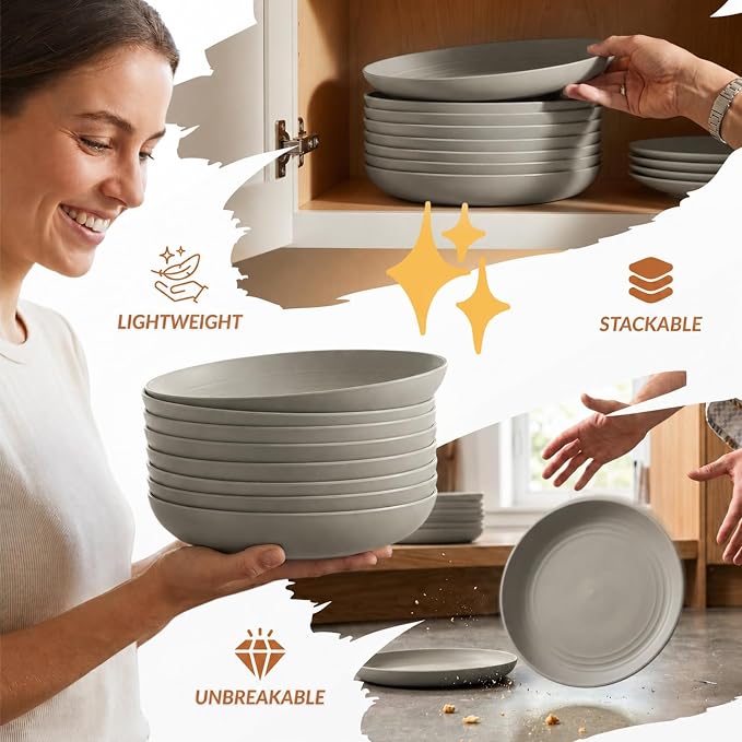 Deep Dinner Plates Set of 8 Alternative for Plastic Plates Microwave and Dishwasher Safe Wheat Straw Plates for Kitchen, Camping Unbreakable Lightweight Round Plate Set (Grey, 9 inch)