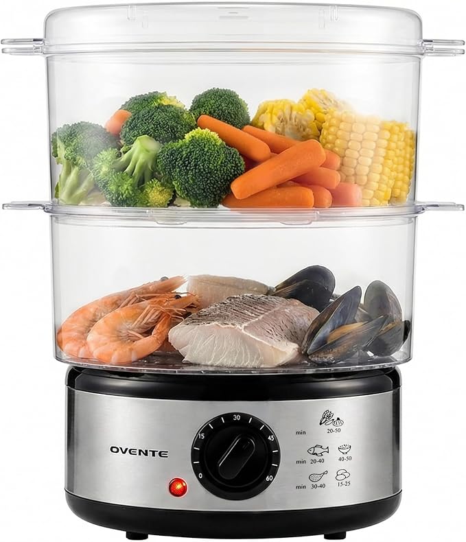 OVENTE 2-Tier Electric Food Steamer, 5 Qt Stainless Steel, Silver FS62S | Stackable Steam Cooker with 400W Power, 60-Minute Timer & Auto Shut-Off, Dishwasher Safe, Healthy Vegetables, Seafood & More