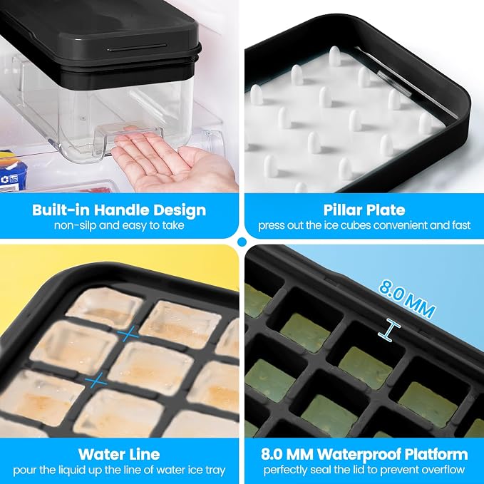 1" Ice Cube Tray with Lid and Bin, Easy Release 64 Cubes for Freezer | Food-grade BPA-free PP and ABS. 1" x 64pcs ice cubes for fruit whiskey, cocktails. Space-saving, stackable with scoop