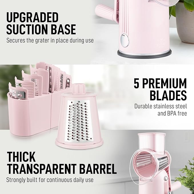 Zulay Kitchen Rotary Cheese Grater 5 Blade Cheese Shredder - Manual Hand Crank Cheese Grater With Reinforced Suction & 5 Interchangeable Drums - Easy to Use, Vegetable Chopper Round Mandoline Slicer