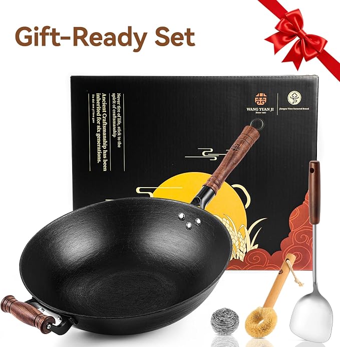 WANGYUANJI Cast Iron Wok Pan with Lid, 14.2 Inch Flat Bottom Uncoated Stir Fry Skillet, Large Heavy Duty Chinese Iron Pot for Family Cooking, Induction & Gas Safe