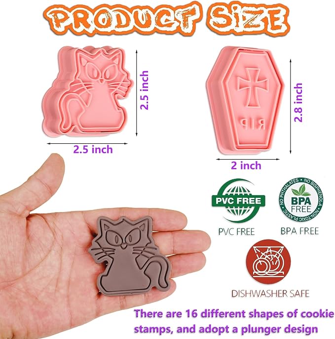 16 Pcs Halloween Cookie Cutters, 3D Cookie Cutter with Plunger Stamp | Halloween Cookie Molds -Ghost, Bat, Pumpkin, Cat, Castle,Tombstone, Witch, Spider, Skull, Etc.
