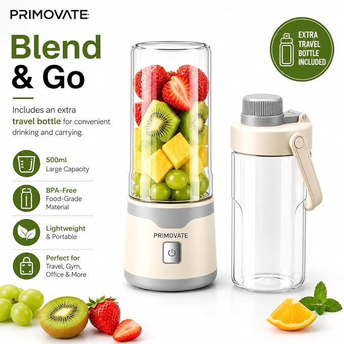 Portable Blender 2026 Model, 450ML, 18-Blade Powerful Smoothie Maker, USB Type-C Rechargeable, Ice Crushing Personal, 1500mAh Battery, 60W Motor, Travel Blender with Extra Jar & Lid