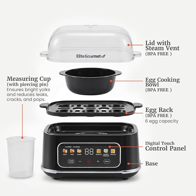 Elite Gourmet Digital Egg Cooker, 6-Egg, Onsen Tamago, Black | One-touch menu cooks soft, medium, or hard-boiled eggs plus poached eggs and omelets - audible alert on/off - auto shut-off