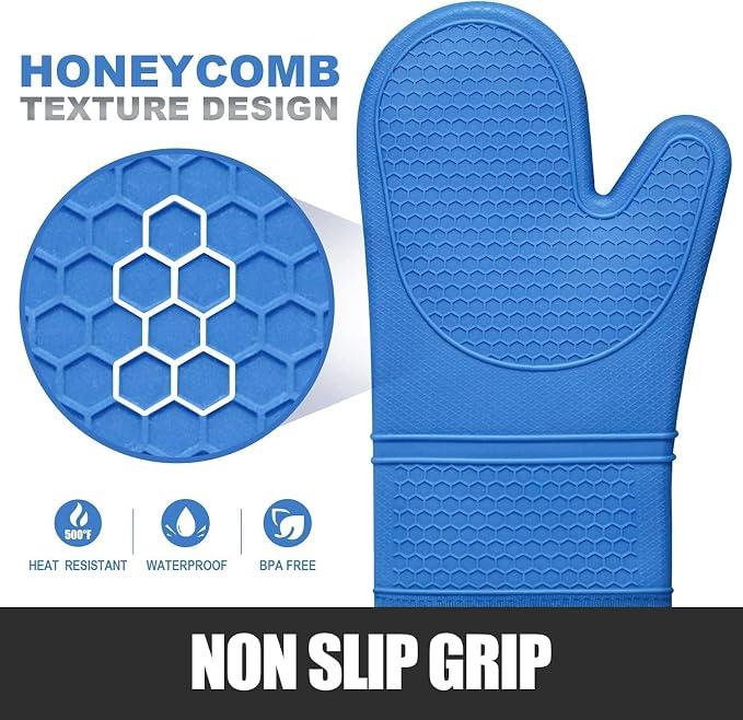 RORECAY Silicone Oven Mitts and Pot Holders Sets, Gloves for Kitchen, Blue | Set of 6 Kitchen Mitts for Baking & Cooking, Heat Resistant 500 ℉, 15" Extra Long, Non-Slip & Waterproof, Quilted Cotton