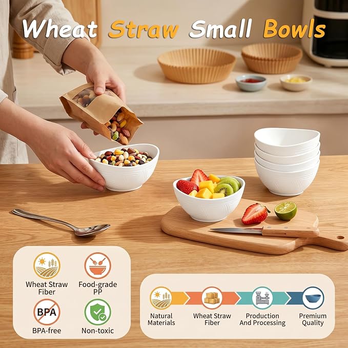 Wheat Straw Bowls Set of 6, Unbreakable Small Plastic Bowls 10oz, Small Serving Bowls for Ice Cream, Yogurt, Snack, Dessert, Microwave & Dishwasher Safe Mini Bowls for Kitchen, Party - White
