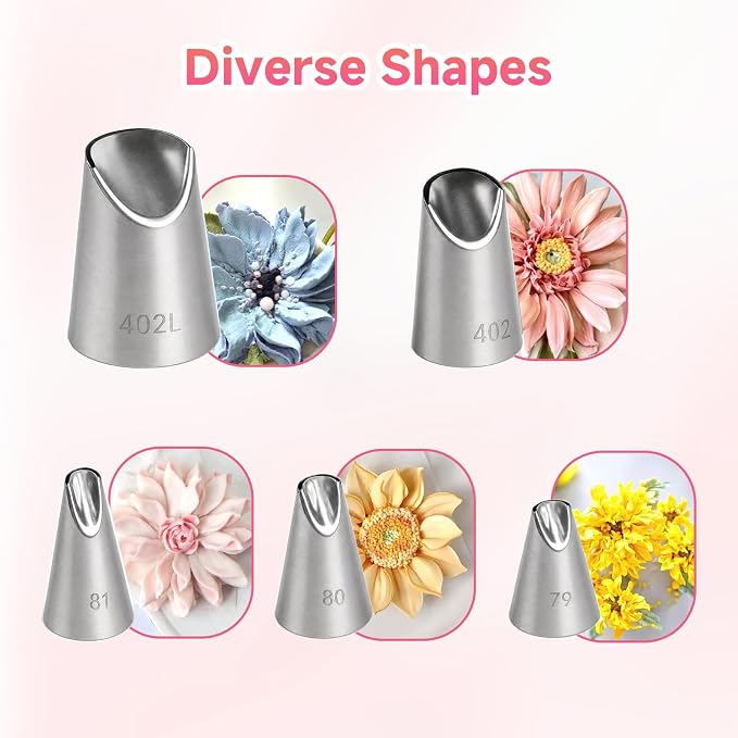 6 Pcs Cake Decorating Tips, Rose Flower Piping Tips Set with Coupler, 304 Stainless Steel Icing Nozzles for Buttercream Frosting, Cookie, Pastry, Dessert Baking for Home Bakers (79/80/81/402/402L)