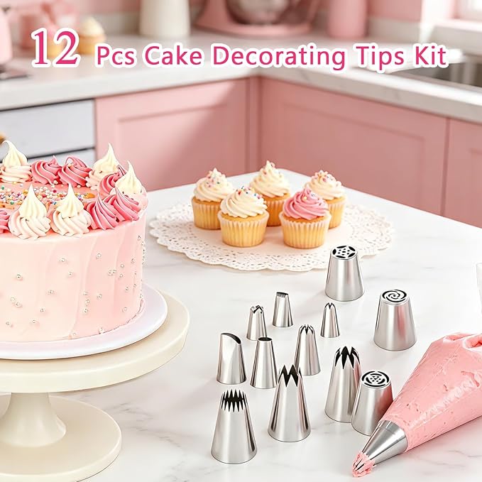 12PCS Piping Tips Set, Stainless Steel Cake Decorating Tips, Russian Nozzles Frosting Icing Tip Tools, Baking Supplies for Cookie Cupcake