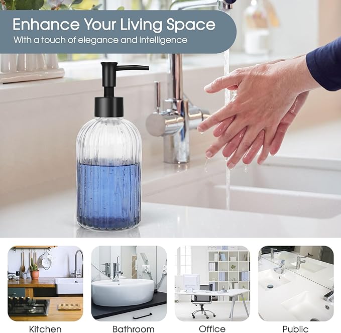 Topsky Glass Soap Dispenser with Plastic Pump, 400ml Liquid Hand Soap Dispenser, Rustproof Pump for Kitchen & Bathroom, Great for Lotions, Essential Oil, Liquid Soaps,Transparent