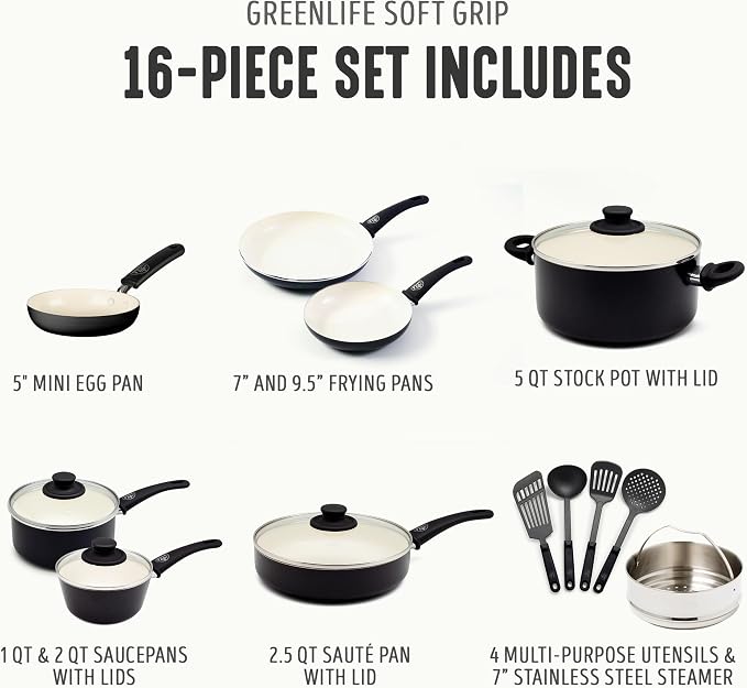 GreenLife 16 Piece Ceramic Nonstick Pots & Pans Cookware Set, Black & Cream | PFAS-Free Nonstick Coating, Stockpot, Frying Pans, Saucepans, Sauté Pan, Stay-Cool Handles, Dishwasher & Oven Safe up to 350F