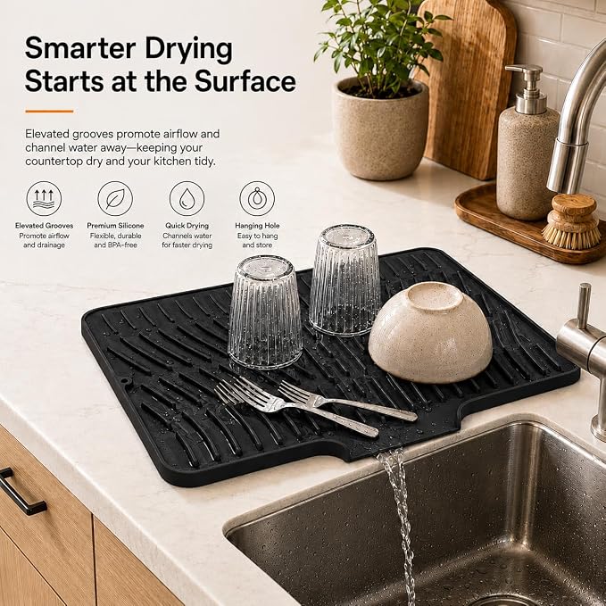 Silicone Dish Drying Mat for Kitchen Counter - Large Dish Drying Pad with Built-in Drain Lip, Heat Resistant Sink Drying Mat for Dishes, Cups and Cookware, BPA Free Black (15.8" x 13") | Raised ridges elevate dishes and create space for water to move a...