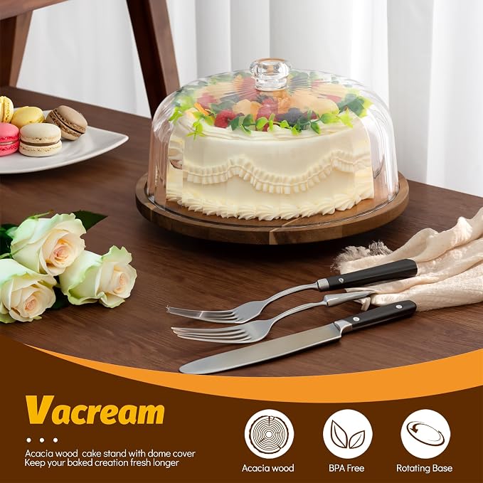 Cake Stand with Lid, Rotating Cake Holder with Dome, Wood Lazy Susan with Cover, Cake Stand for Party,Birthday,Parties,Baking Gifts(12 Inch with Dome)