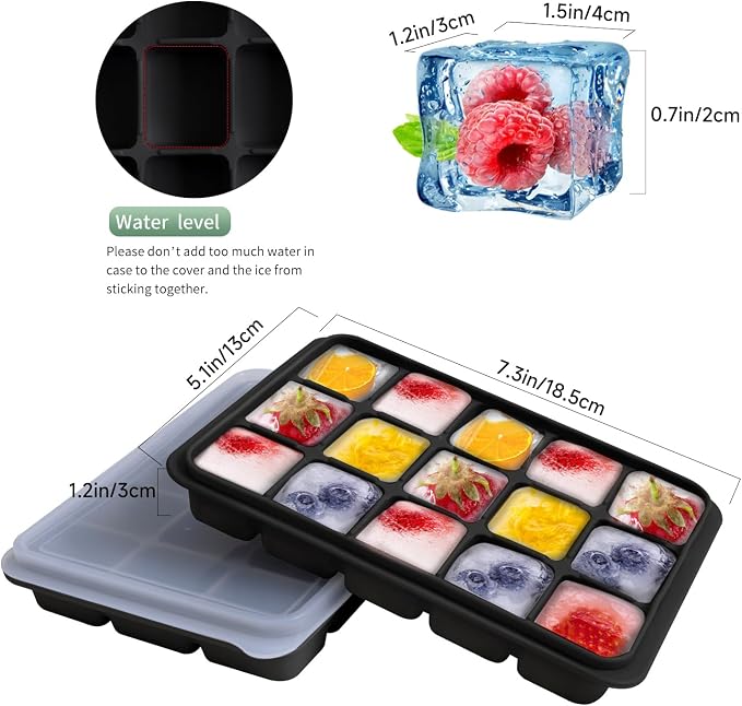 Tvmania Ice Cube Trays Set of 2, 15-Cube Silicone Molds with Removable Lids | Stackable, easy release, BPA-free, reusable, for freezer and whiskey