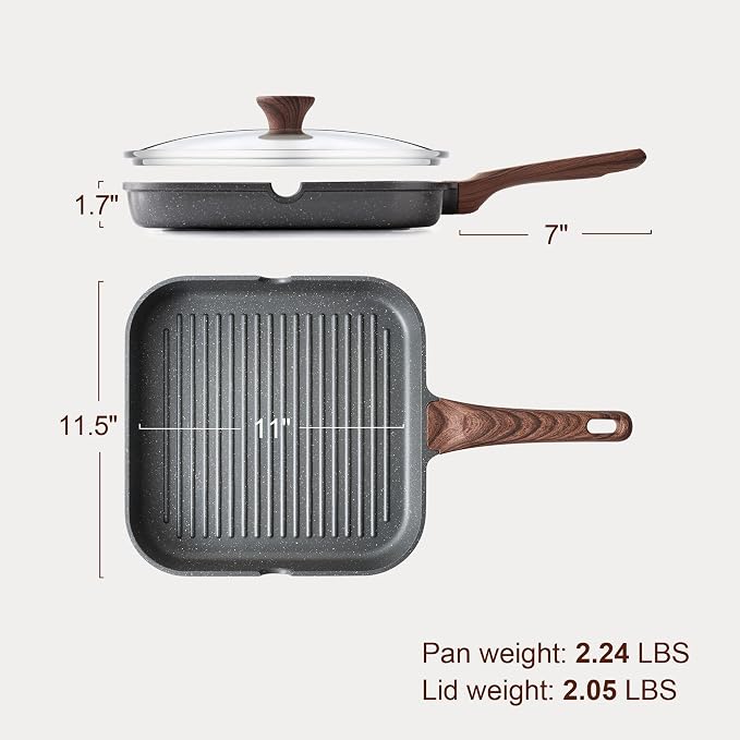 SENSARTE Nonstick Grill Pan with Lid, Grill Pan for Stove Tops, Versatile Griddle Pan with Pour Spouts, Square Grill Pan for Big Cooking Surface, Grill Skillet for Indoor Outdoor Grilling. PFOA Free