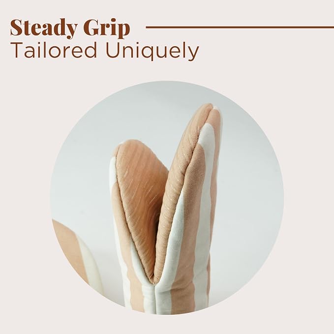 Folkulture Oven Mitts, Striped Cream, Set of 2, Heat Resistant - (5.75"x9") | 100% Cotton, Non Slip, Silicone, Cute Striped Mini Mits with Hanging Loop, Kitchen Décor, Cooking Gifts, New Home Essentials