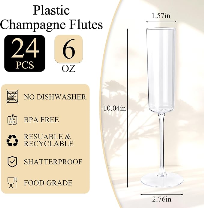 Ciaell 24 Pack Plastic Champagne Flutes for Weddings Birthdays | 6 oz Clear Square Toasting Cups, Heavy Duty Plastic, Champagne Mimosas Wine Cocktails for Anniversaries Parties Bars