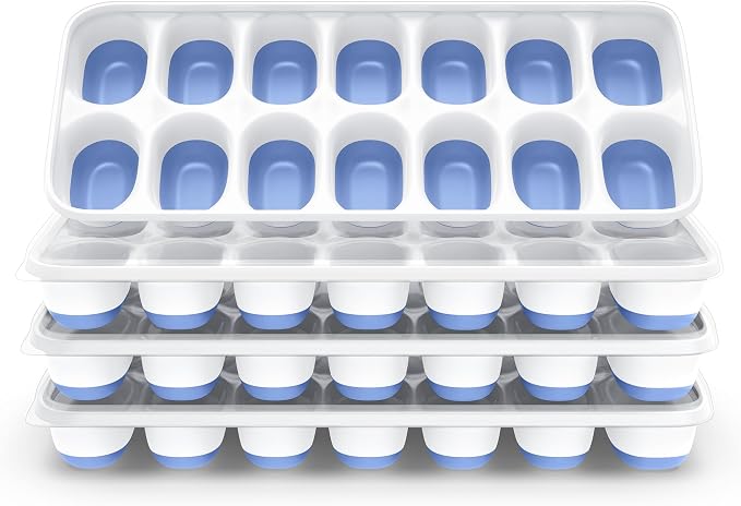 ChefAide Ice Cube Tray with Lid, 4 Packs 56 Cubes Durable Stackable Ice Cube Trays for Freezer with Removable Lids, Easy-Release Plastic & Silicone Ice Tray for Cocktail, Coffee