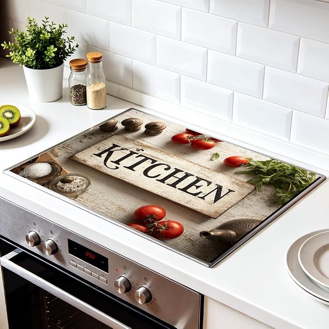 Rustic Kitchen Sign Stove Top Cover 28.35x20.47 in Non Slip | Heat Resistant Cooktop Protector Mat with Non-Slip Backing, Scratch Protection and Countertop Drying Mat.