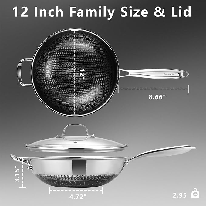 SAKAMOSH Hybrid 12inch Wok with Lid, Stainless Steel Woks & Stir-Fry Pans Nonstick, Non Toxic, PFAS PFOA PTFE Free, Dishwasher and Oven Safe, Works on Induction