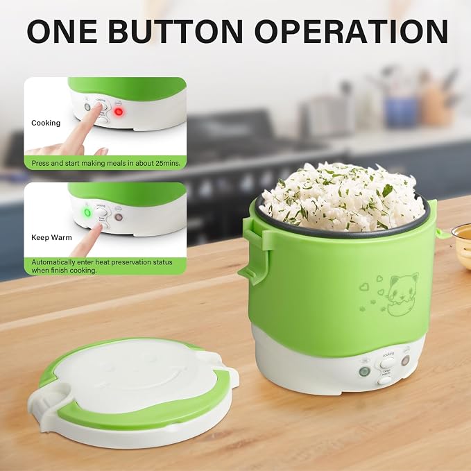 OSBA 12V Rice Cooker for Car 1L Mini Rice Cooker with Steamer, Green | 2Cup Portable Travel Rice Cooker for 1-2 People, Cooking Heating & Auto Keeping Warm Function, Used as an Electric Lunch Box