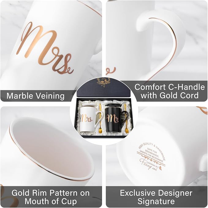 Mr and Mrs Mugs Set Printed with Gold, Wedding Engagement Gifts for Couples