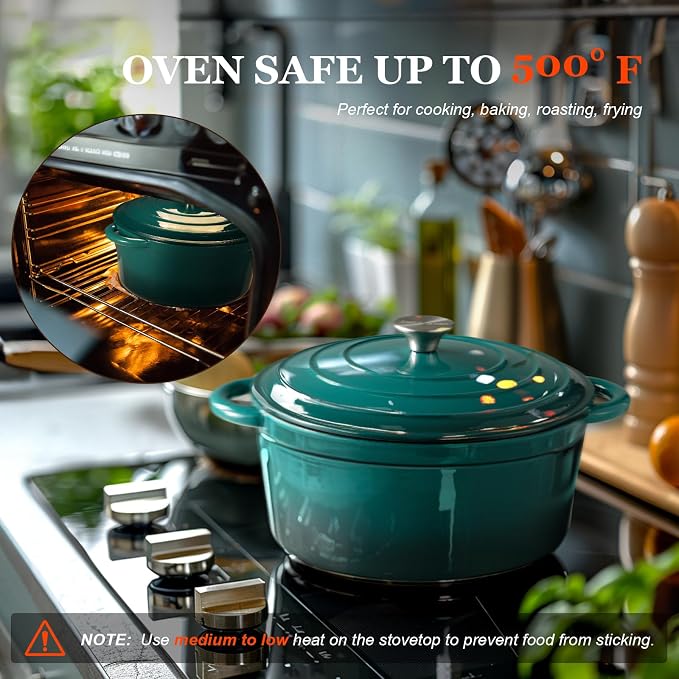 Overmont Enameled Cast Iron Dutch Oven - 7QT Pot with Lid Cookbook & Cotton Potholders - Heavy-Duty Cookware for Braising, Stews, Roasting, Sourdough Baking bottle green