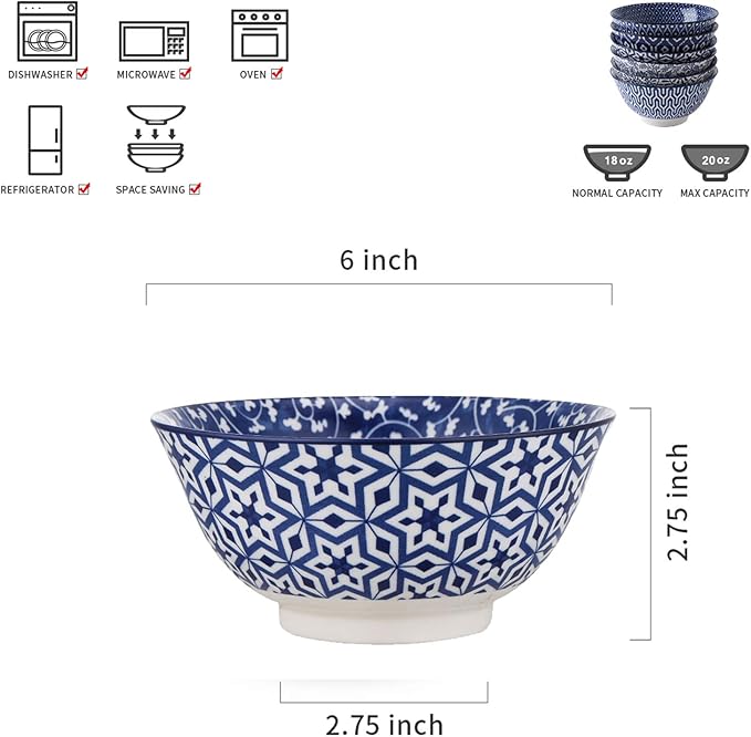 Selamica Blue and White Porcelain 20oz Cereal Bowl Set - Set of 6, 6 inch Soup Bowls, Ceramic bowls for Cereal, Soup, Salad and Pasta, Vintage Blue | Ceramic bowls for Cereal, Soup, Salad and Pasta