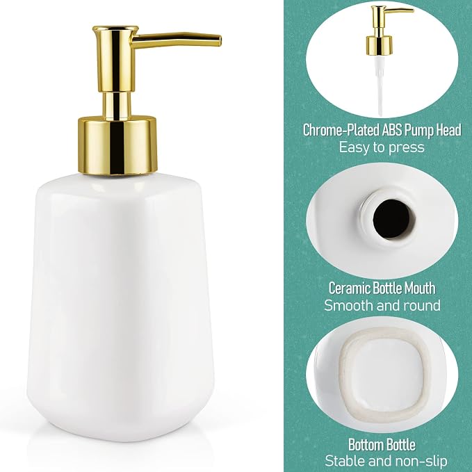 14OZ Dish Soap Dispenser, Hand Soap Dispenser Ceramic Bottle (Bright White) | Pump Dispenser Bottle, Refillable Liquid, Dish Soap, Hand Soap, Essential Oil & Lotion, Great for Kitchen & Bathroom