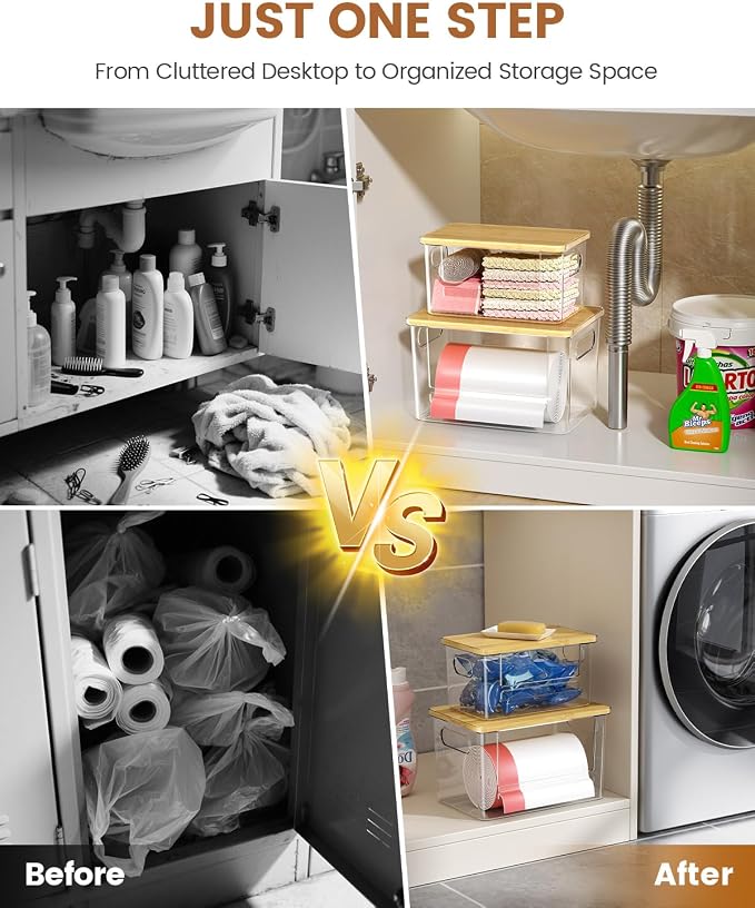 Trash Bag Dispenser 2 Pack, Stackable Trash Bag Holder with Bamboo Lid – Clear Plastic Garbage Bag Organizer for 4-33 Gal Bags, Space-Saving Under Sink Organizer for Kitchen, Laundry, Pantry
