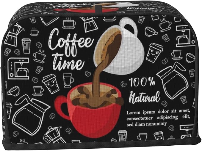 Toaster Cover 2 Slice with Coffee Pattern Dustproof Protection TC1000 | Waterproof Fingerprint Wide Slot Reusable for Kitchen Small Appliance