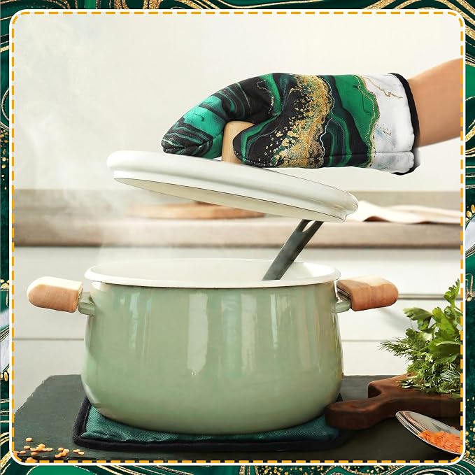 Leinuosen 8 Pcs Green and Gold Marble Kitchen Towels and Dishcloths Sets Oven Mitts and Pot Holders Absorbent Kitchen Gloves Potholders Heat Resistant for Chef Baking Cooking