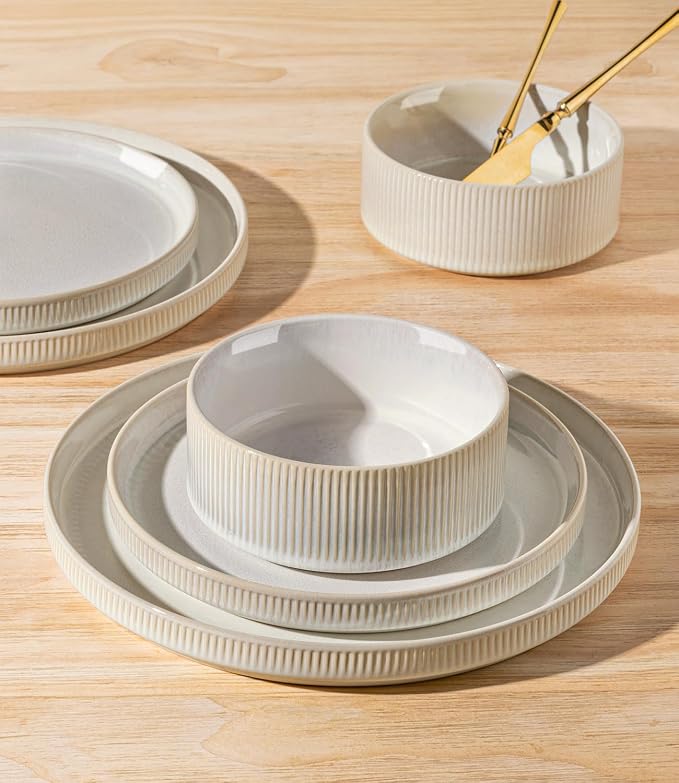Ceramic Dinnerware Set for 4, 16-Piece Plates and Bowls Set | Lightweight Porcelain Dish Set, Scratch Resistant, Oven & Microwave & Dishwasher Safe, Reactive White