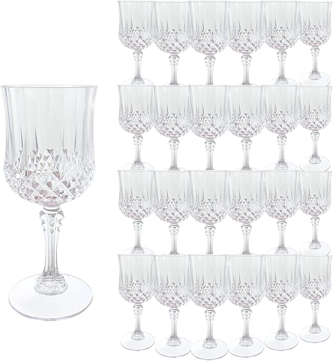 24Pack Plastic Wine Glasses, 7oz Vintage Goblets for Wedding | Unbreakable Crystal Style Reusable Stemware, Elegant Clear Drinking Glass for Party Anniversary & Holiday Celebration