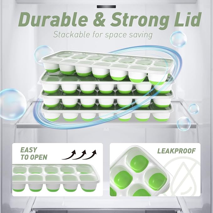 ChefAide Ice Cube Tray with Lid, 2 Packs 28 Cubes Durable Stackable Ice Cube Trays for Freezer with Removable Lids, Easy-Release Plastic & Silicone Ice Tray for Cocktail, Coffee.