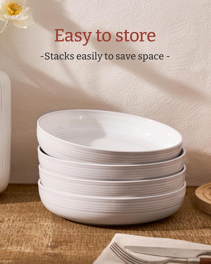 famiware Milkyway 33 oz Pasta Bowls Set of 6, White Thread | Double Reactive Glaze, Scratch-Resistant Stoneware Salad Bowls, Stackable, Dishwasher & Microwave Safe, Lead-Free