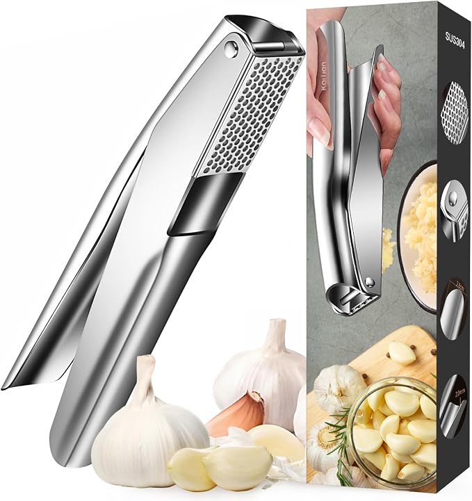 Stainless Steel Garlic Press, Garlic Crusher, Dishwasher Safe | 304 stainless steel, no peeling, ergonomic handles, 5 cm chamber