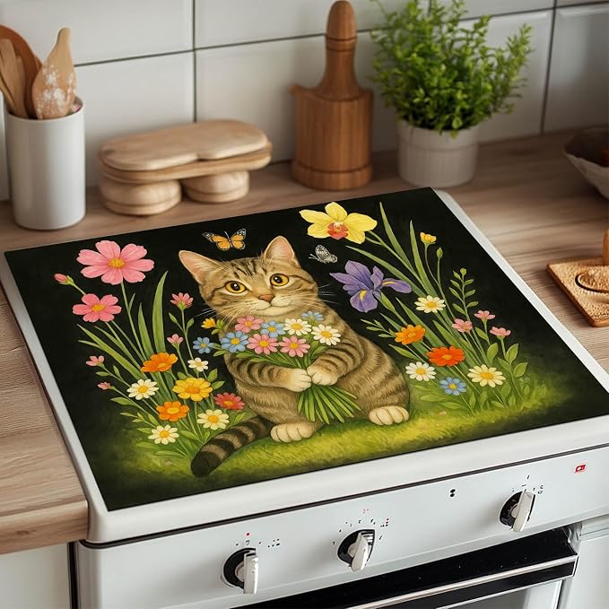 HOMETITUTE Flower Bouquet Cat Stove Top Covers for Electric Stove Cover 28x20 Inches Decorative Glass Cooktop Pad Heat Resistant Stovetop Cover Kitchen Mat for Sinks and Worktops Made with Diatomite