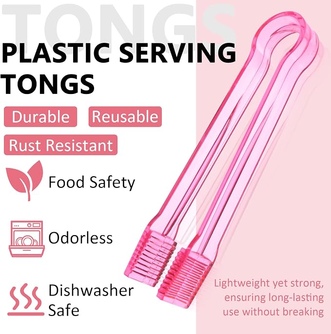 12 PCS Plastic Serving Tongs, 6.3 Inches Pink Disposable Tongs Kitchen Small Serving Utensil Tongs for Party Ice atering Buffet Bakery Salad
