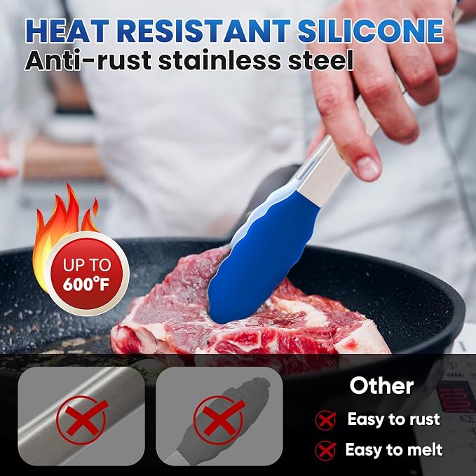 12-Inch Kitchen Tongs for Cooking with Silicone Tip,Classic Blue | 600℉ Heat-Resistant,Stainless Steel Locking Cooking Tongs Food Tongs for BBQ/Cooking/Salad/Serving Food,Heavy Duty,Non-Stick