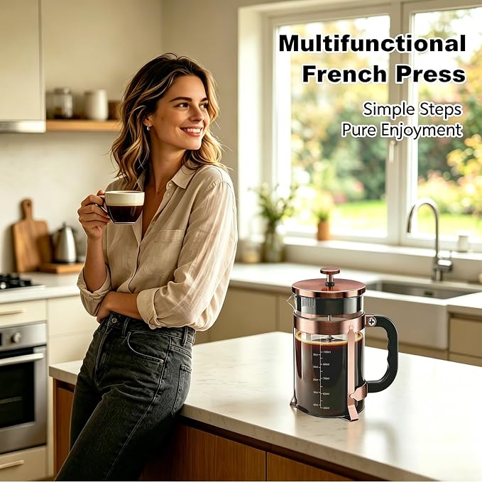 QUQIYSO French Press 51oz,Large French Press Thickened Glass Coffee Press | French Press Stainless Steel,Large Capacity Coffee Maker,Easy to Clean,4 Filter,Suitable for Party Home Office(Copper)