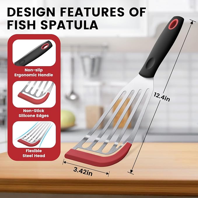 Silicone Fish Spatula, Heat Resistant Silicone Edge for Nonstick Cookware, Fish Turner for Kitchen Use, Flexible and Thin Stainless Steel Cooking utensils, Perfect Slotted Spatula for Egg, Pancake