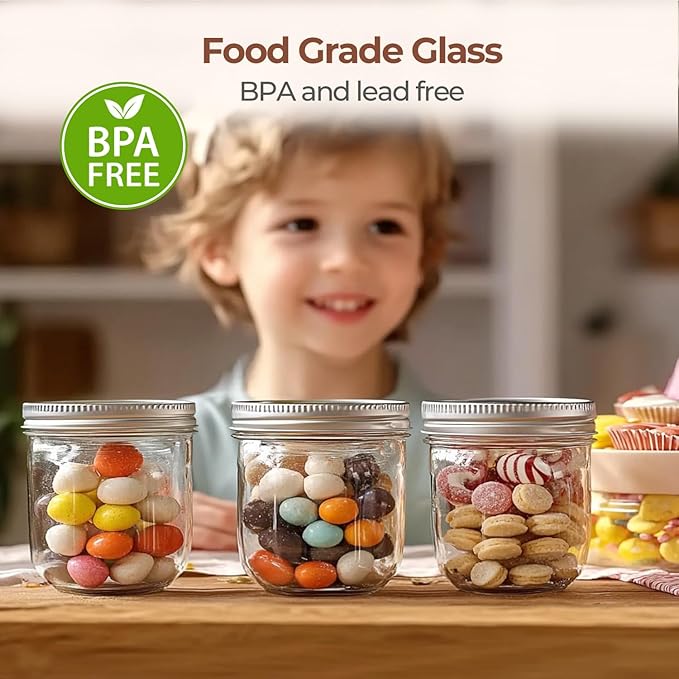 ComSaf 8 oz Wide Mouth Mason Jars Bulk Set, 12 Pack Small Jars with Lids | BPA-Free,Half-Pint Portion, Chunky Salsa, Overnight Oats, Party Favors, Meal Prep, DIY Candles, For Big Canning Project