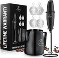 Zulay Premium Gift Milk Frother Set – Handheld Coffee Frother with Stand, 12oz/350ml Frothing Pitcher + 4 Latte Art Stencils – 13,000 RPM Motor, SS Whisk, Battery Operated – Barista Kit (Exec Black)