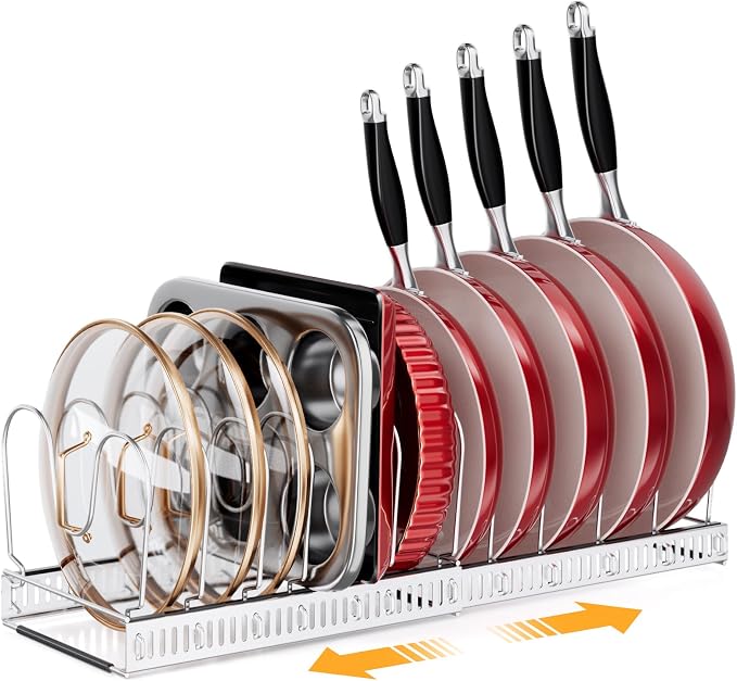 MUDEELA Expandable Pot Pan Lid Organizers inside Cabinet, 12 Divider-Silver | Expandable 11.8–22.9", 12 Adjustable Divider, Tool-Free Assembly, Non-Slip, Scratch-Proof, For Pan Lid Cutting Board Bakeware