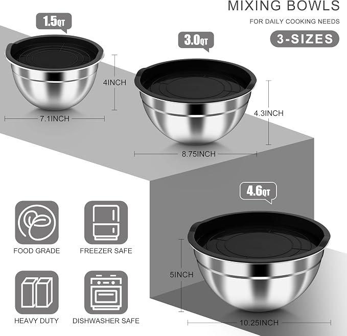 HaWare Mixing Bowls with Airtight Lids, 6-Piece Stainless Steel Salad Bowls | Strong Nesting Bowls for Cooking, Prepping, Baking, Serving & Food Storage, Stackable Design, Size 4.6, 3, 1.5QT, Black
