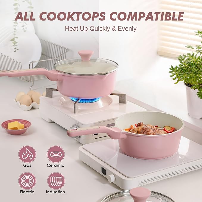 SENSARTE Ceramic Nonstick Saucepan with Lid 1.5 QT, PTFE/PFAS Free, Pink | Small Kitchen Cooking Pot with Stay Cool Handle, Induction Compatible, Ceramic Coating