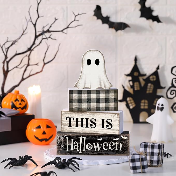 Lineshading 4 Pcs Halloween Table Decor For Home Ghost Tiered Tray Decor | Stacked Blocks with Ghost and Plaid, Rustic Wood, For Tabletop Shelf Mantel, Halloween Farmhouse Home Styling, Gift Ready