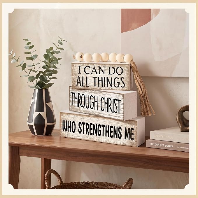 Lineshading 4 Pcs Christian Wood Block Signs, Farmhouse Tiered Tray Decor | Rustic Tabletop Pieces with Beads, Inspirational Bible Verse, God Sign for Home Shelf, I Can Do All Things Through Christ