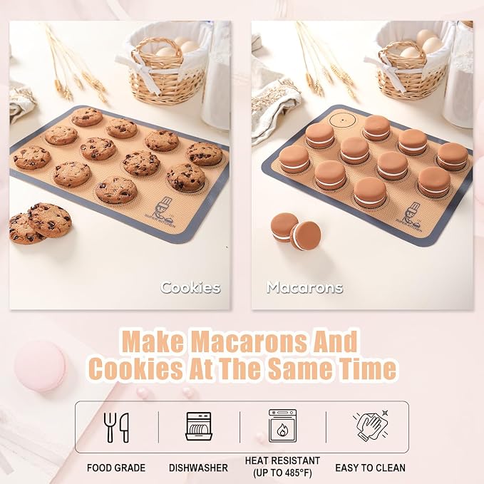 Silicone Baking Mat Macaron Set of 3-2 Half Sheet Liners 1 Quarter Sheet | Non Stick Silicon Cookie Oven Liner For Macaroons, Bake Pans, Pizza, Toaster, Cake and Bread Making (16.5x11.6, Grey)