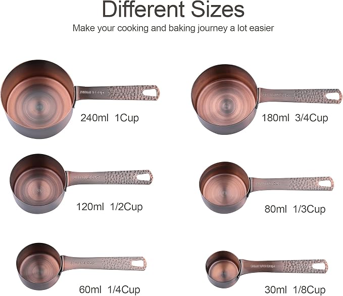Measuring Cups and Spoons Set 14, Copper Measuring Cups and Spoons Set for Dry & Liquid, Metric & US Stainless Steel 6 Measure Cups and 7 Spoons Set w/Leveler for Kitchen & Baking